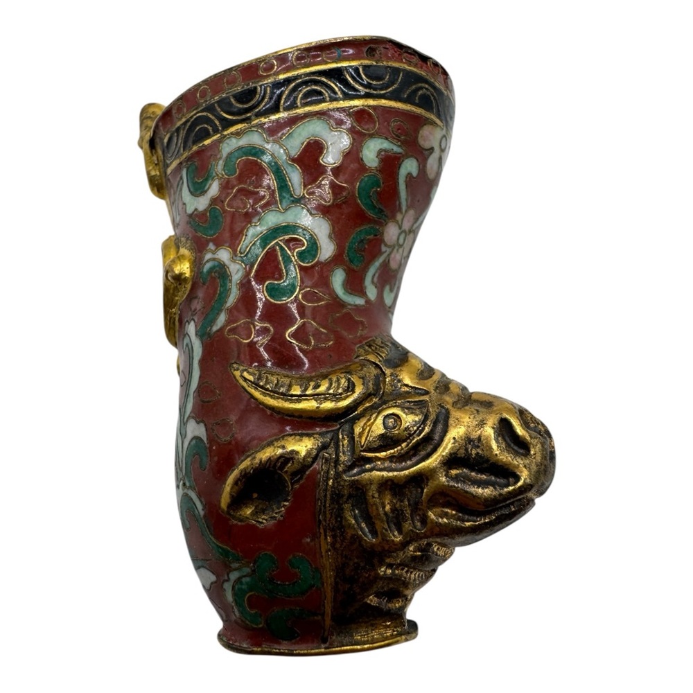 2.25” Chinese Cloisonné Bull Head Figurine - Red with Gold Accents